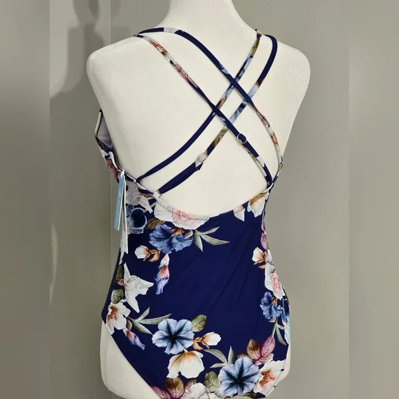 NWT Cupshe Blue Floral Strappy One Piece Swimsuit Women's Size Medium - Picture 4 of 10